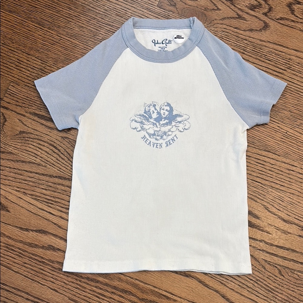 Brandy Melville Blue and White Raglan Heaven Sent Tee OS